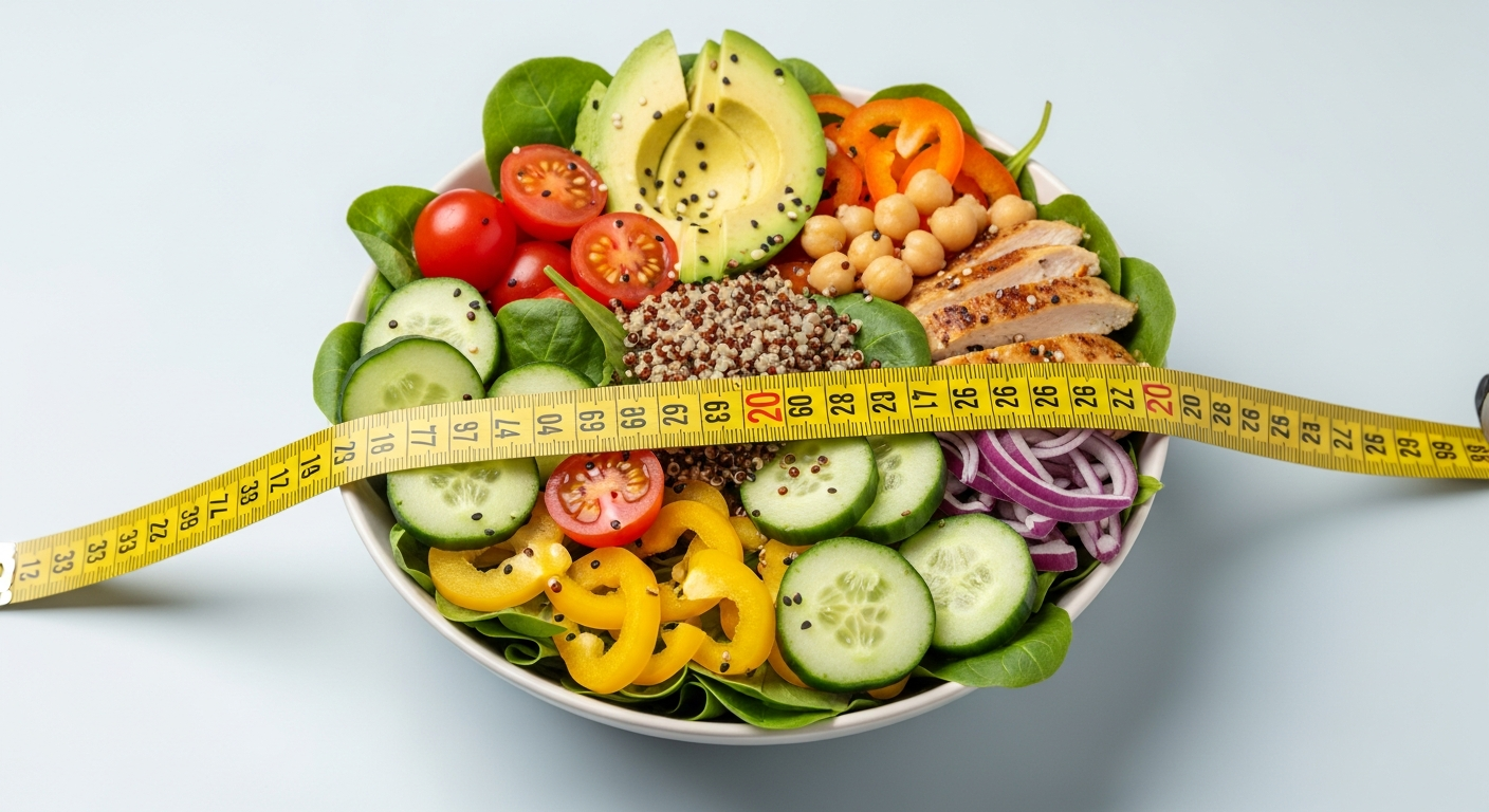 healthy salad bowl with measuring tape