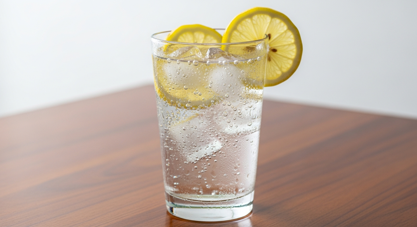 sparkling water with lemon on table