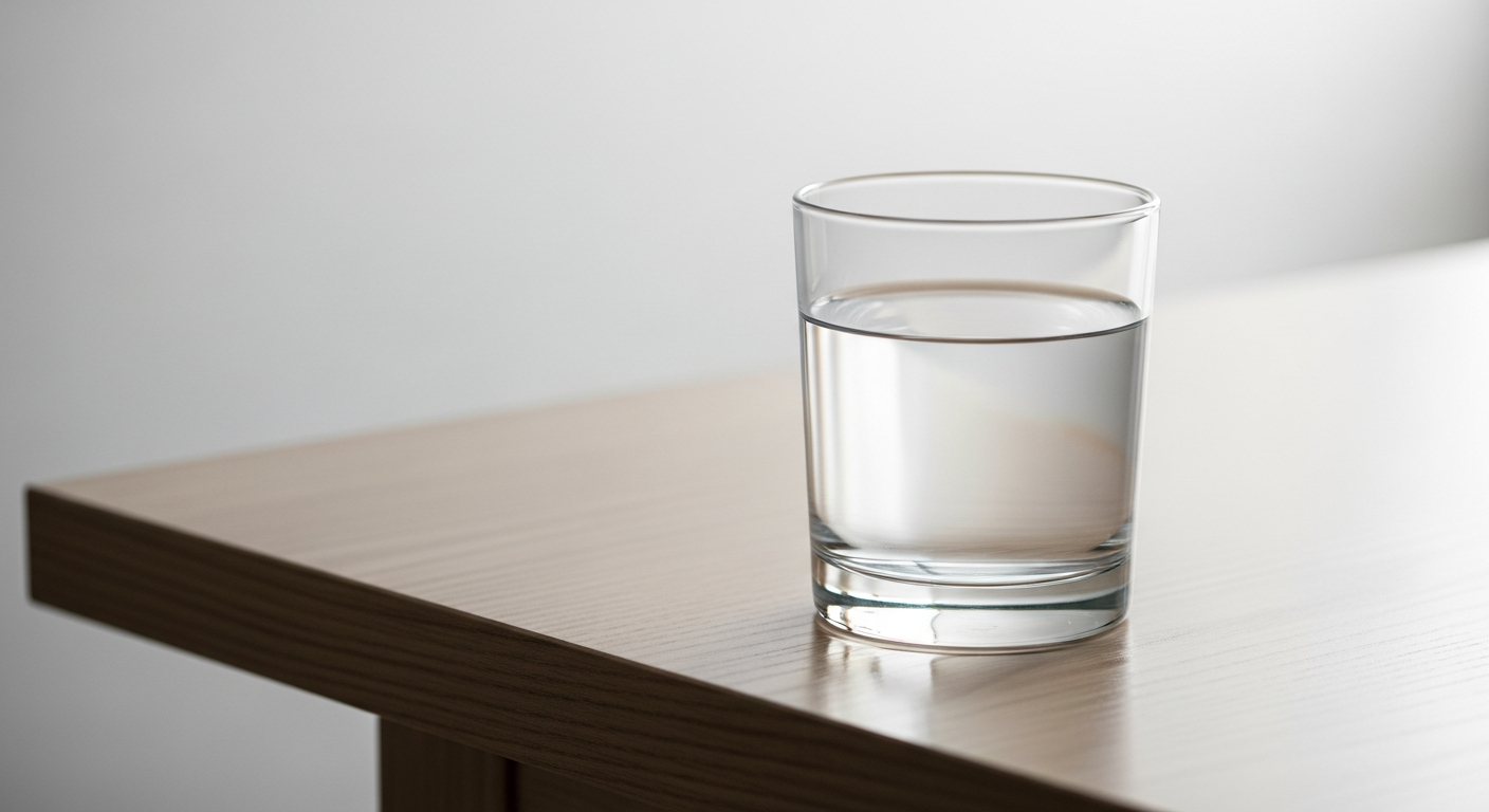 glass of clear water on modern wooden table
