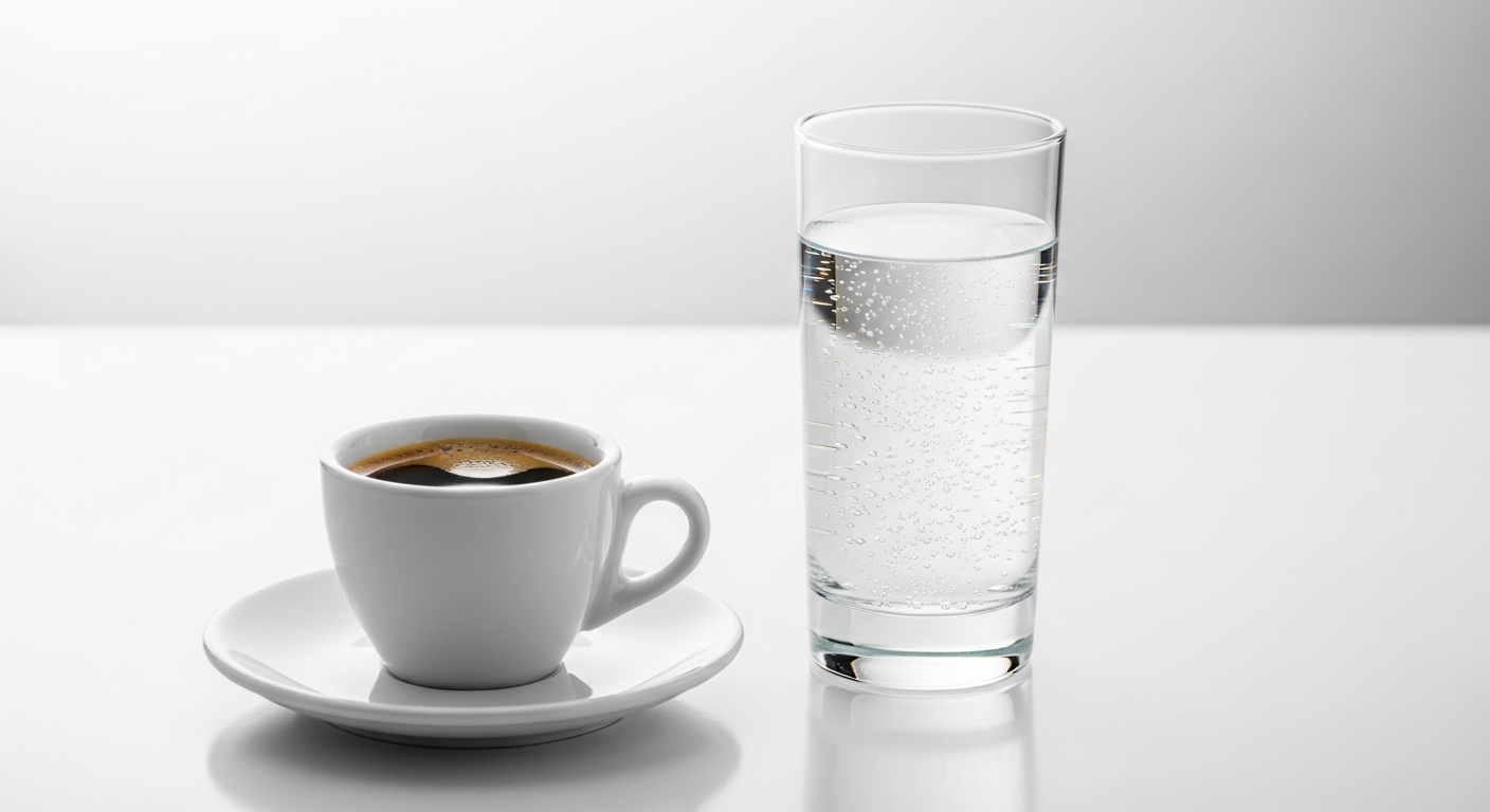 black coffee espresso and plain sparkling water glass