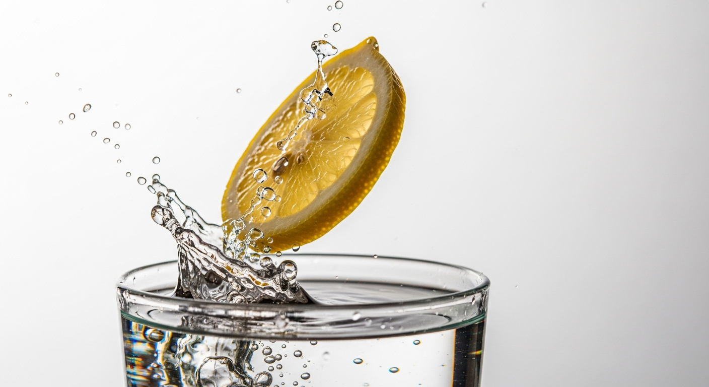 fresh lemon slice dropping into glass of water