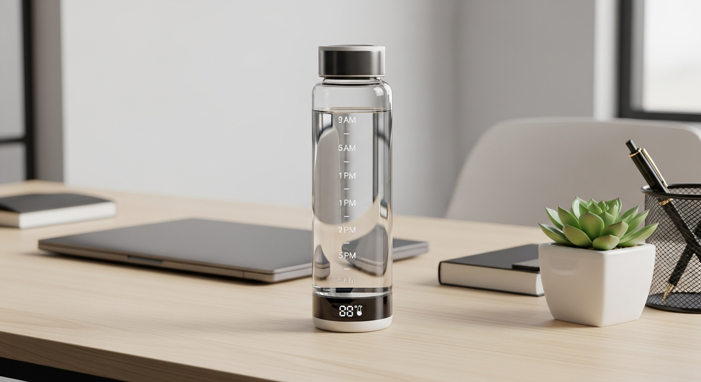 reusable smart water bottle with time markers on office desk