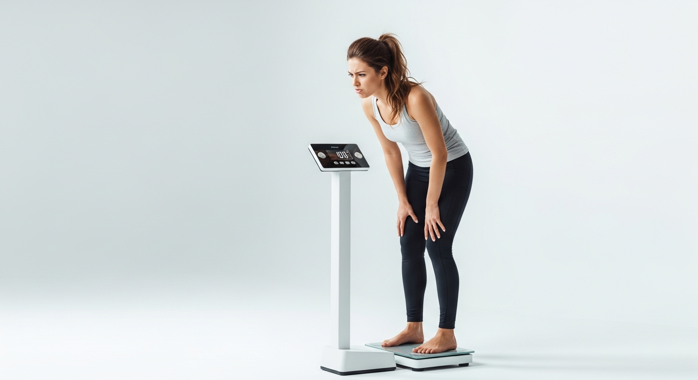 frustrated woman standing on digital weighing scale