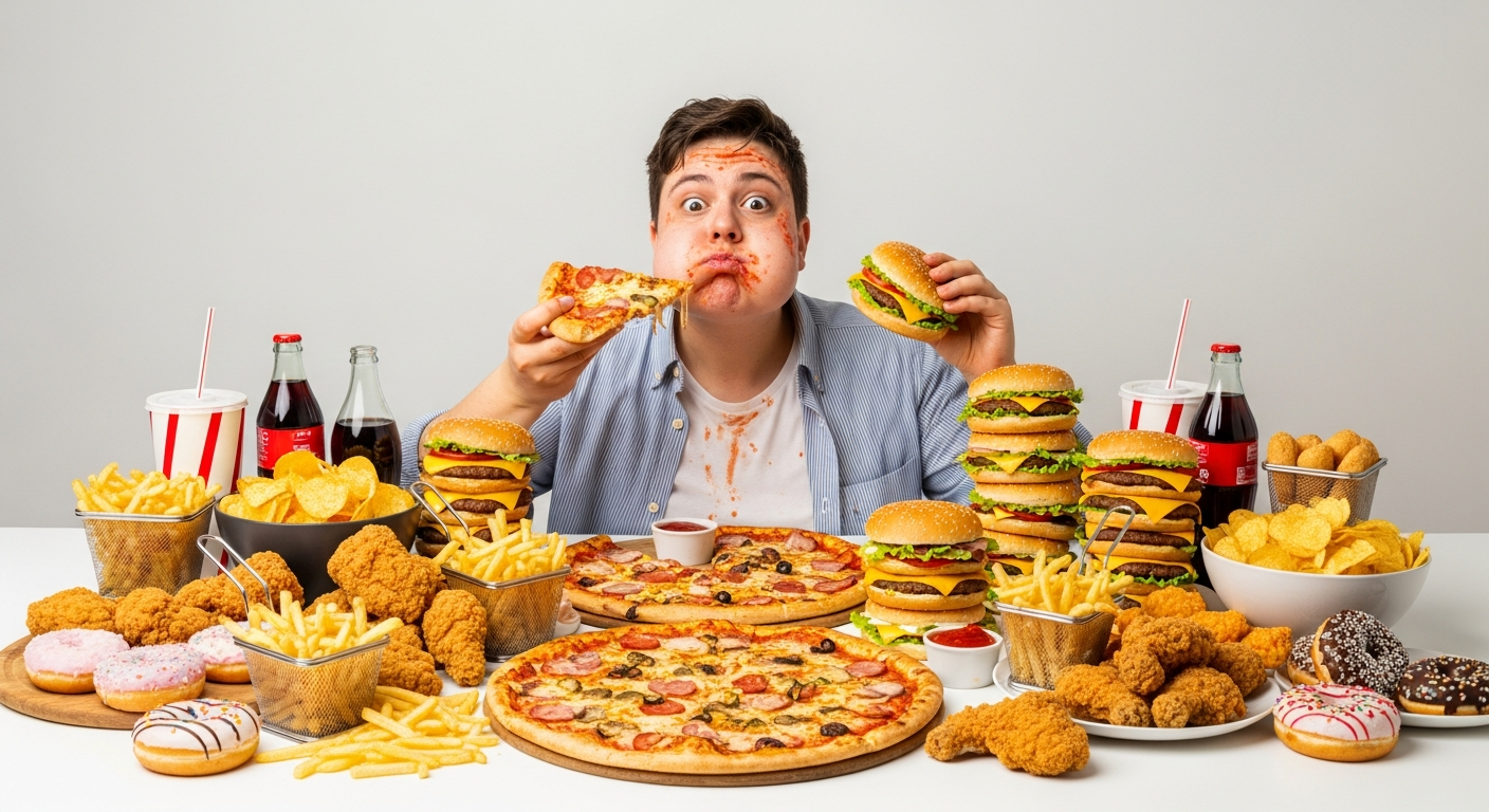 person eating large amounts of unhealthy food