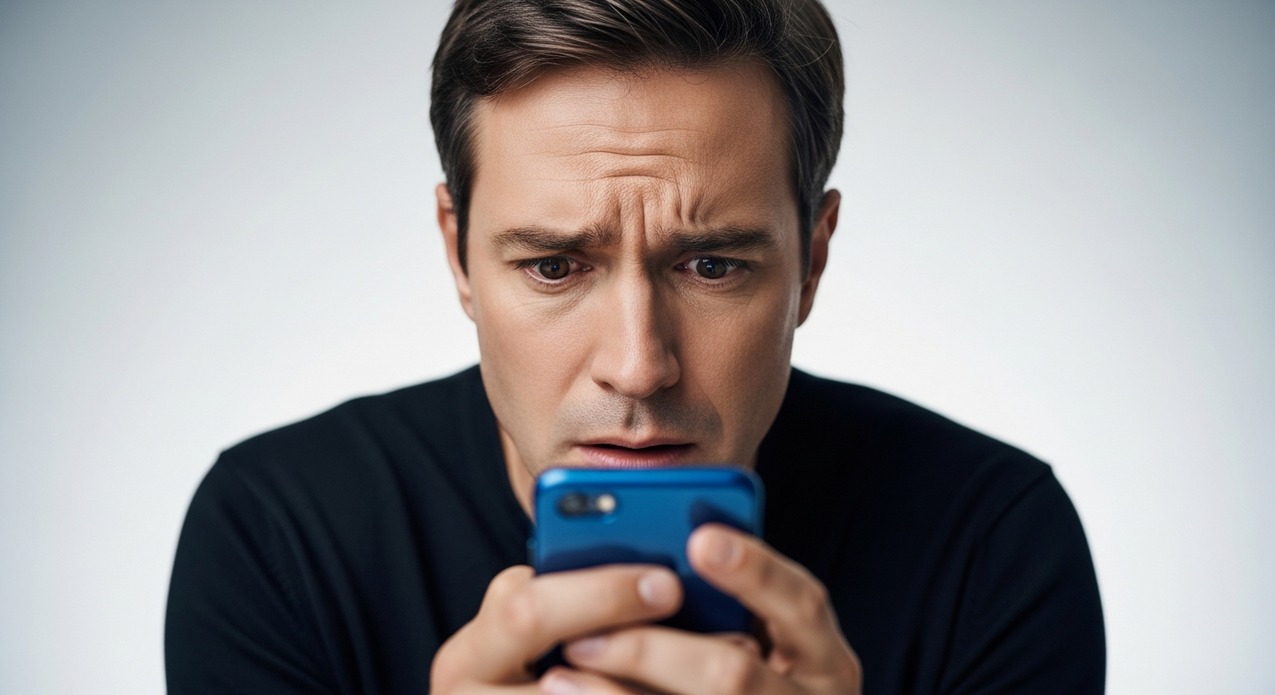worried man looking at smartphone