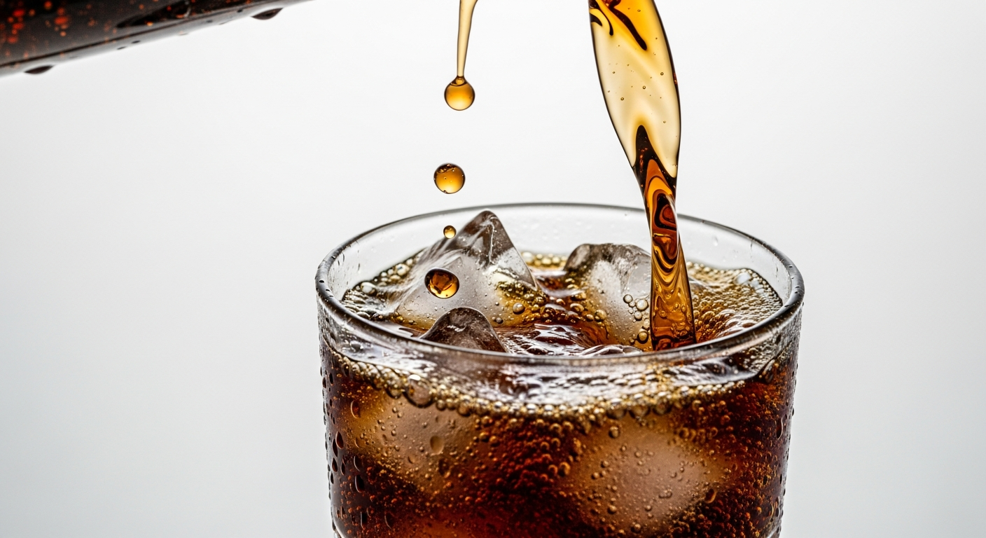 pouring diet cola into glass with ice