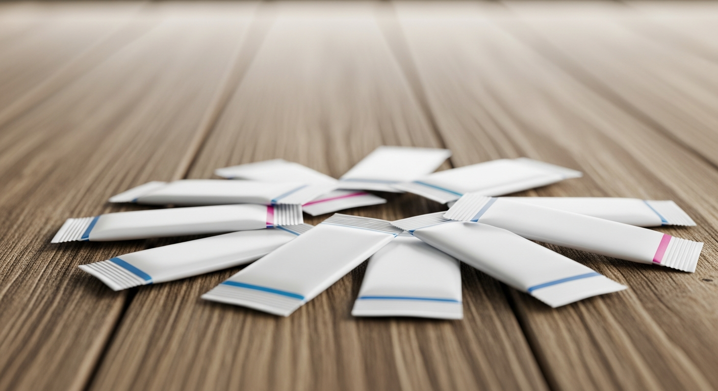 artificial sweetener packets on wooden table