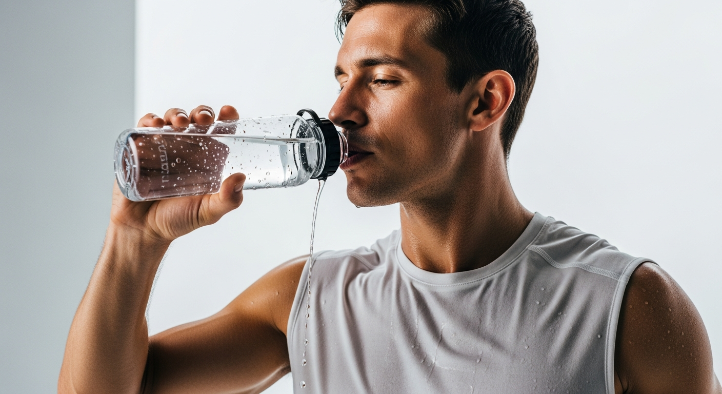 healthy fit person drinking water bottle after workout