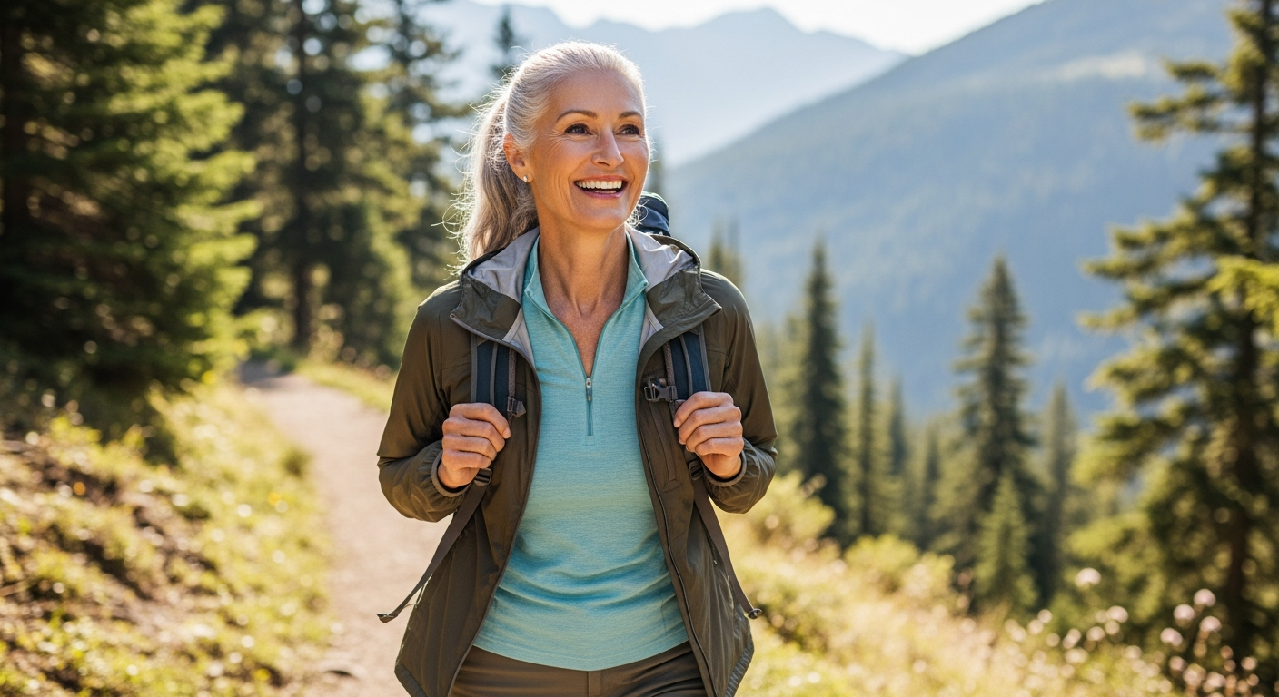 smiling active senior woman hiking outdoors
