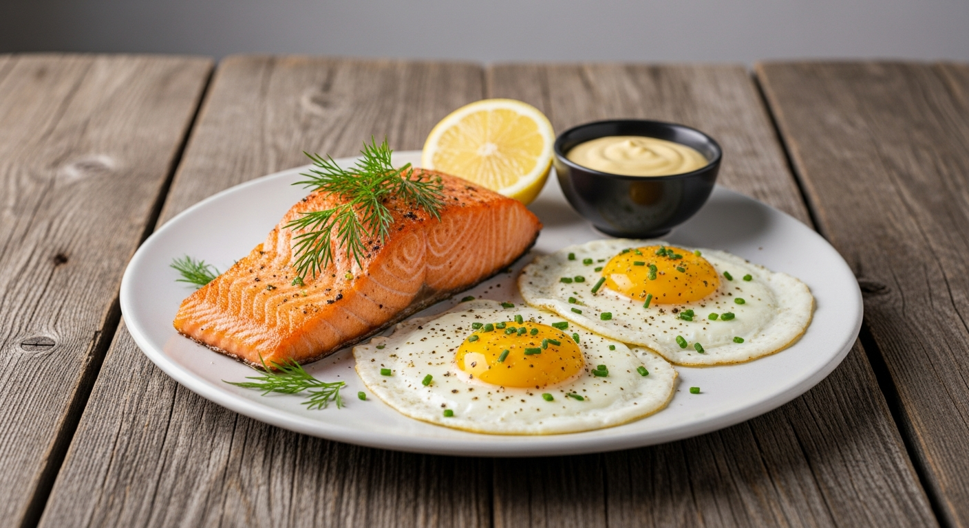 fresh salmon and eggs on rustic wooden table