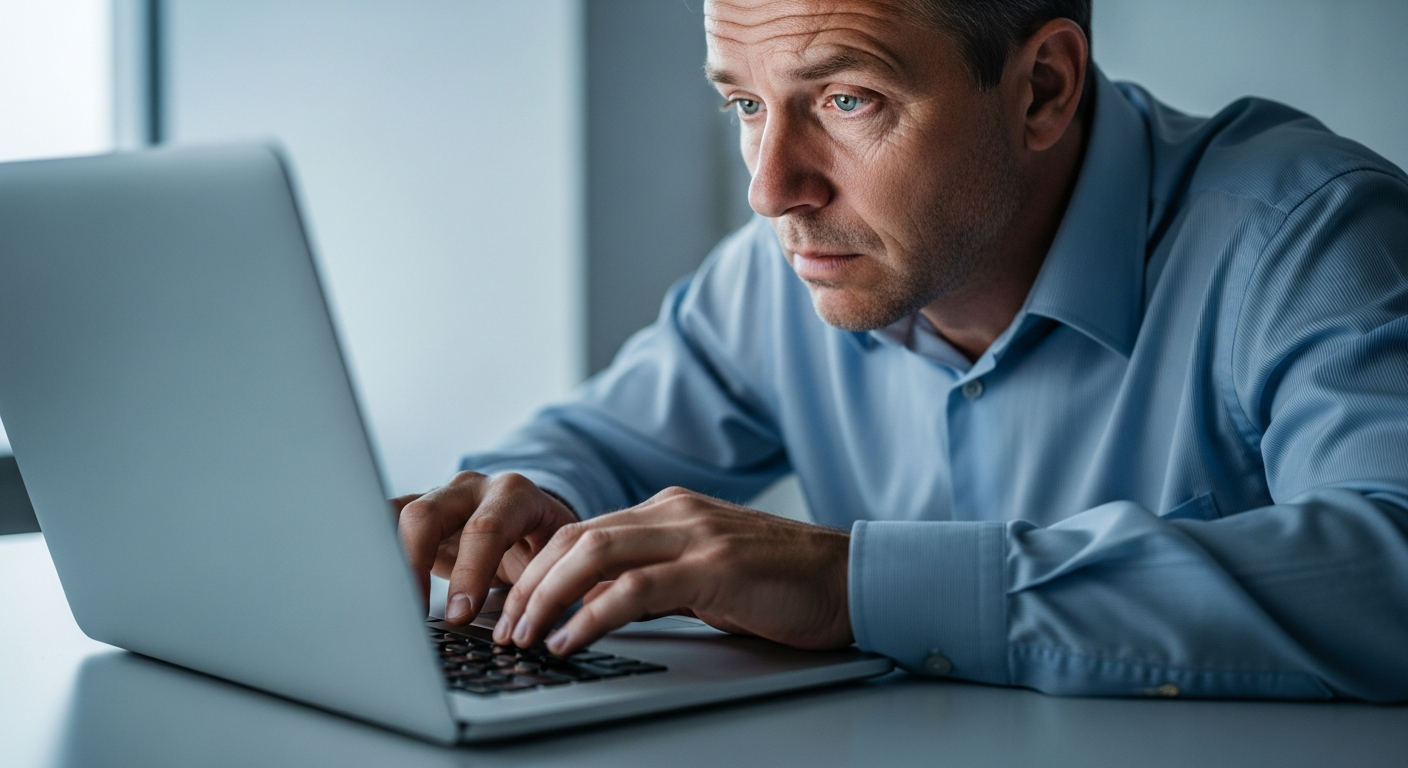 tired office worker typing on laptop