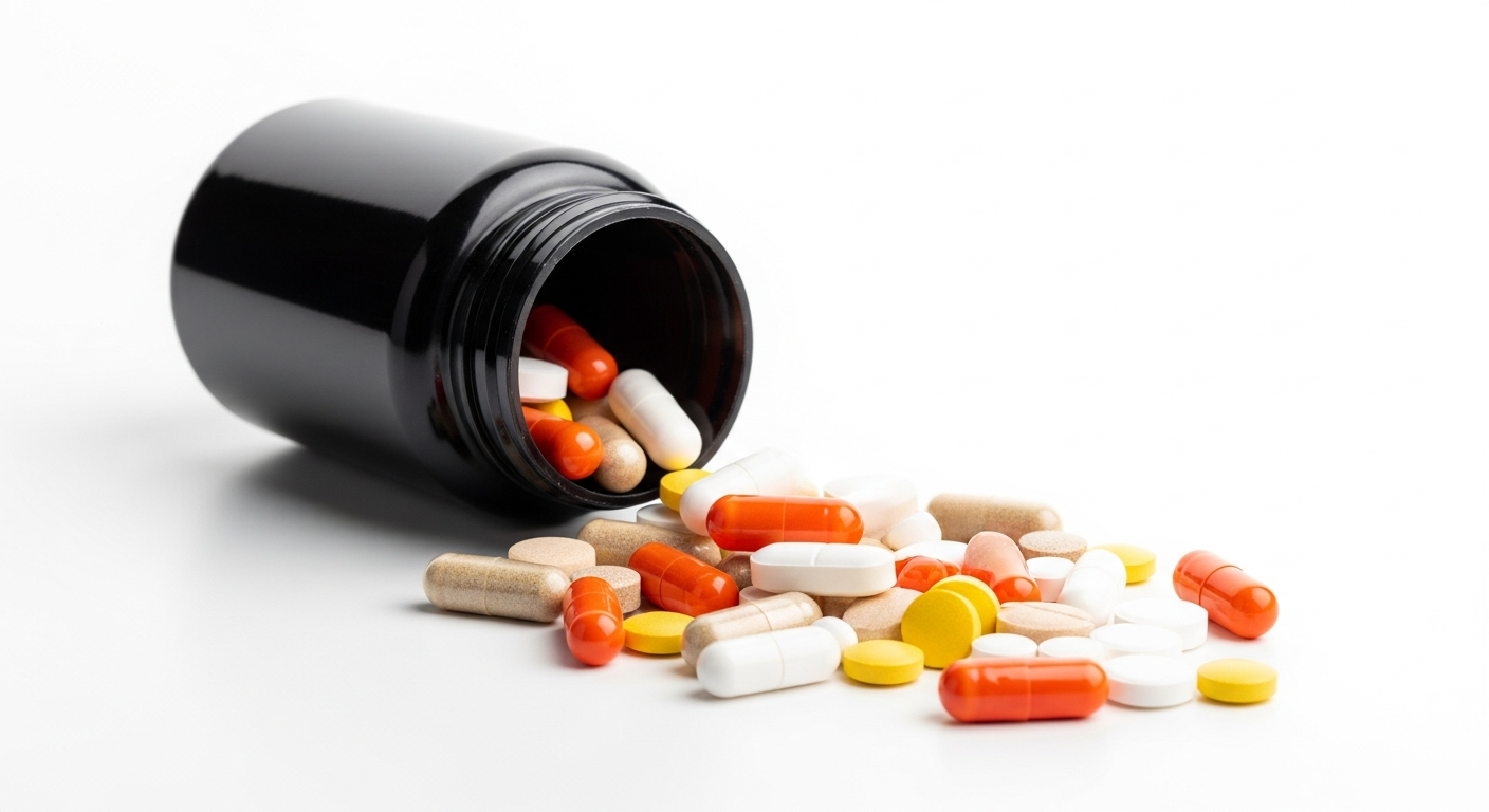 daily supplement pills spilling from bottle