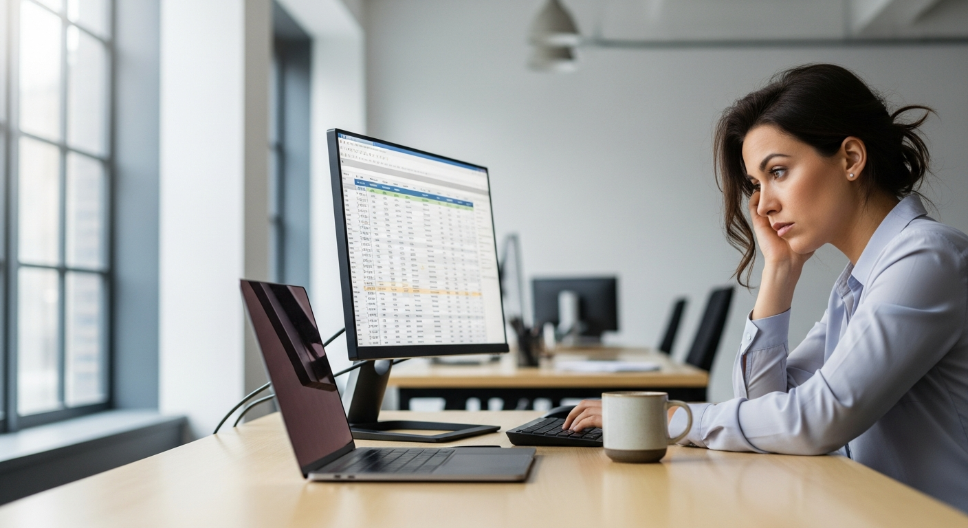tired woman working at modern office desk
