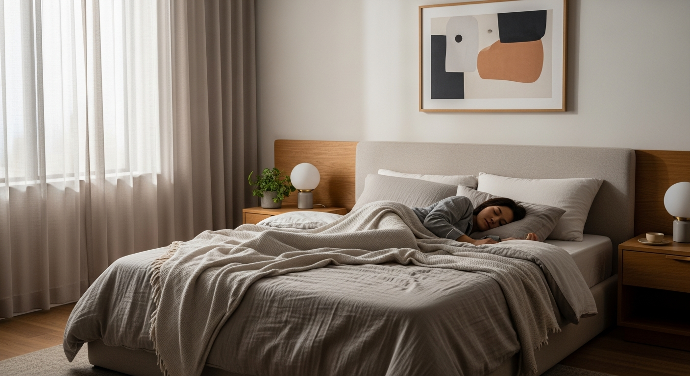 person sleeping in cozy modern bedroom