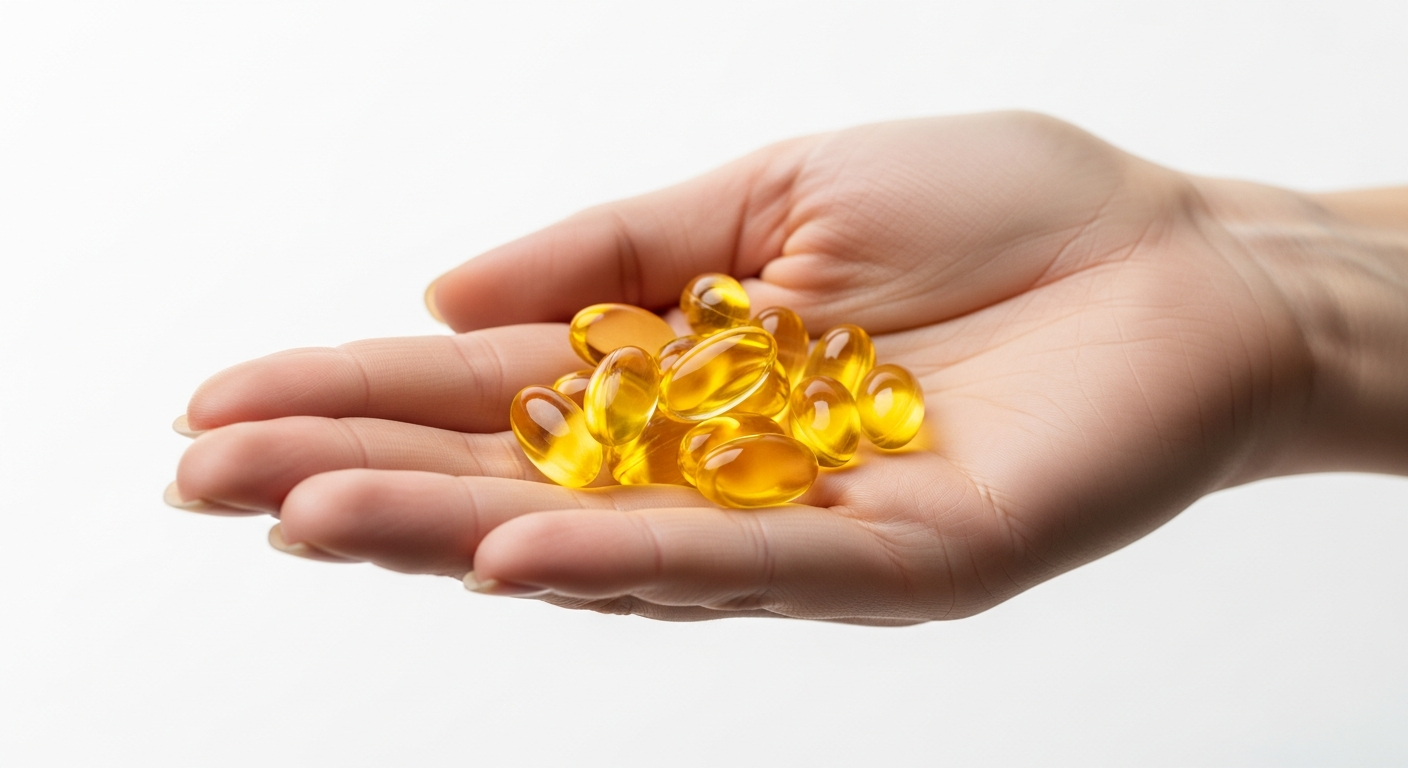 holding yellow vitamin softgels in hand