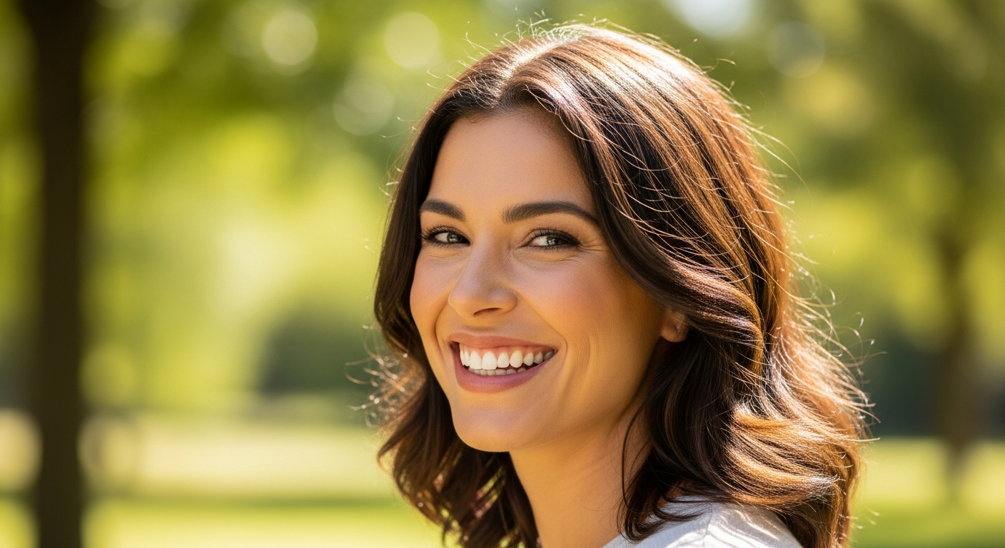 smiling healthy woman outdoor bright sunlight