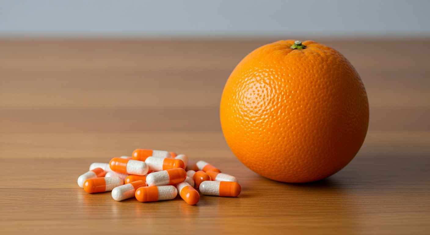 vitamin pills and fresh orange on wooden table