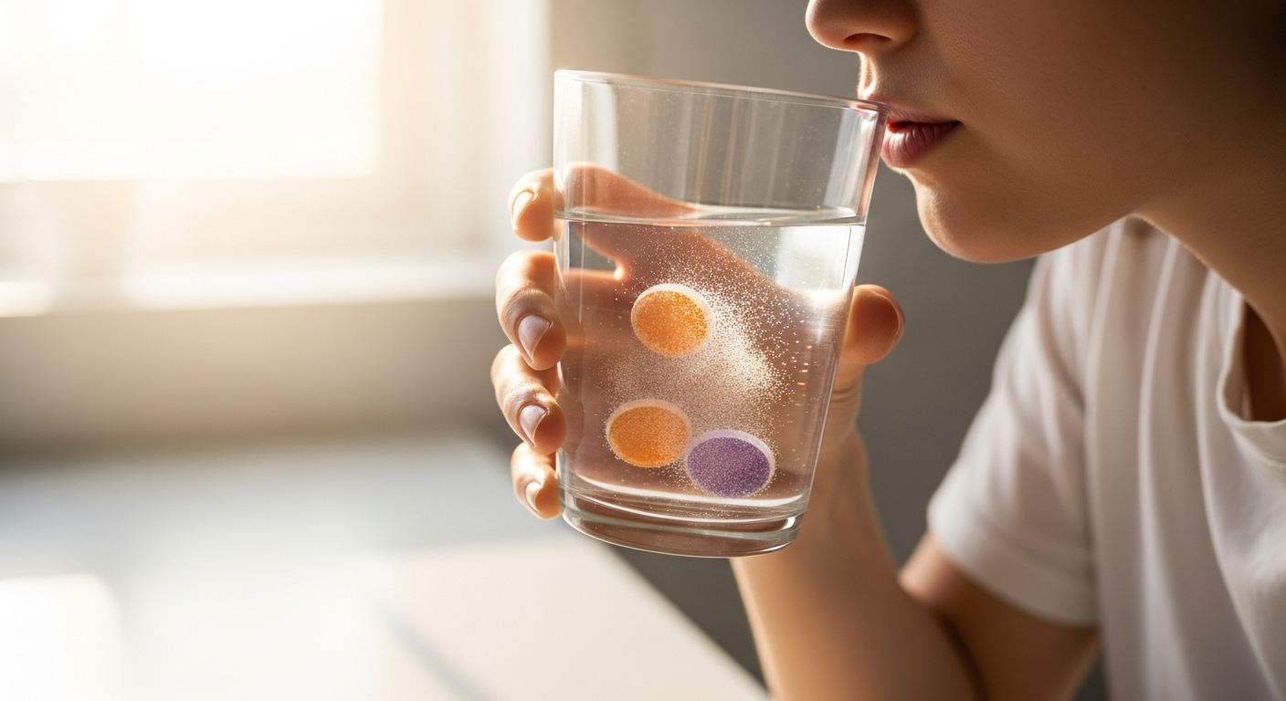 person drinking glass of water with supplements in morning