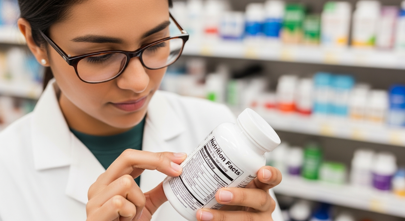 person reading supplement nutrition facts label carefully in pharmacy