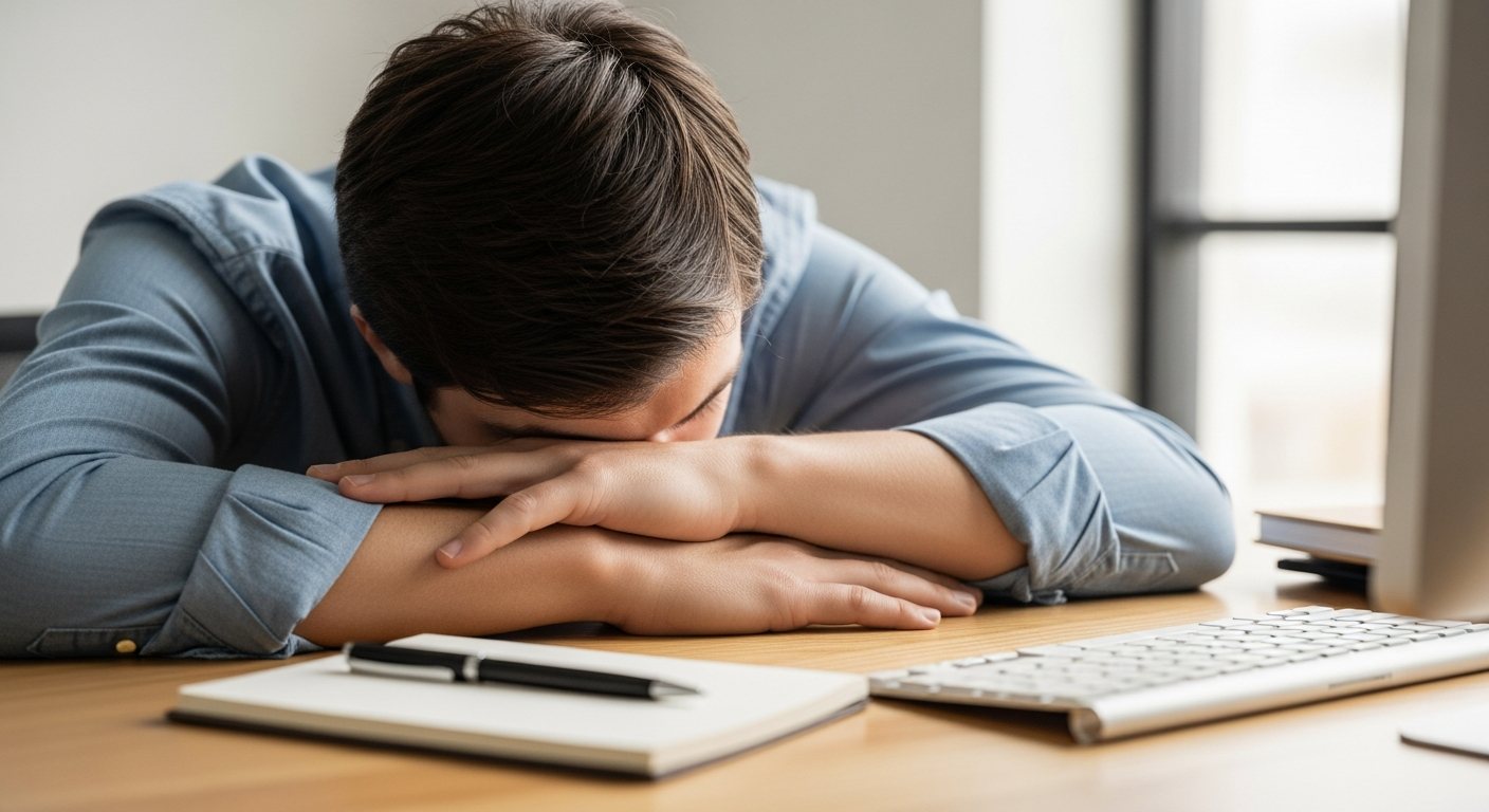 tired person resting on office desk