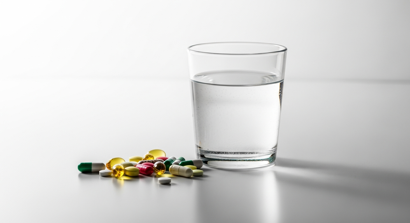 daily vitamin pills and glass of water