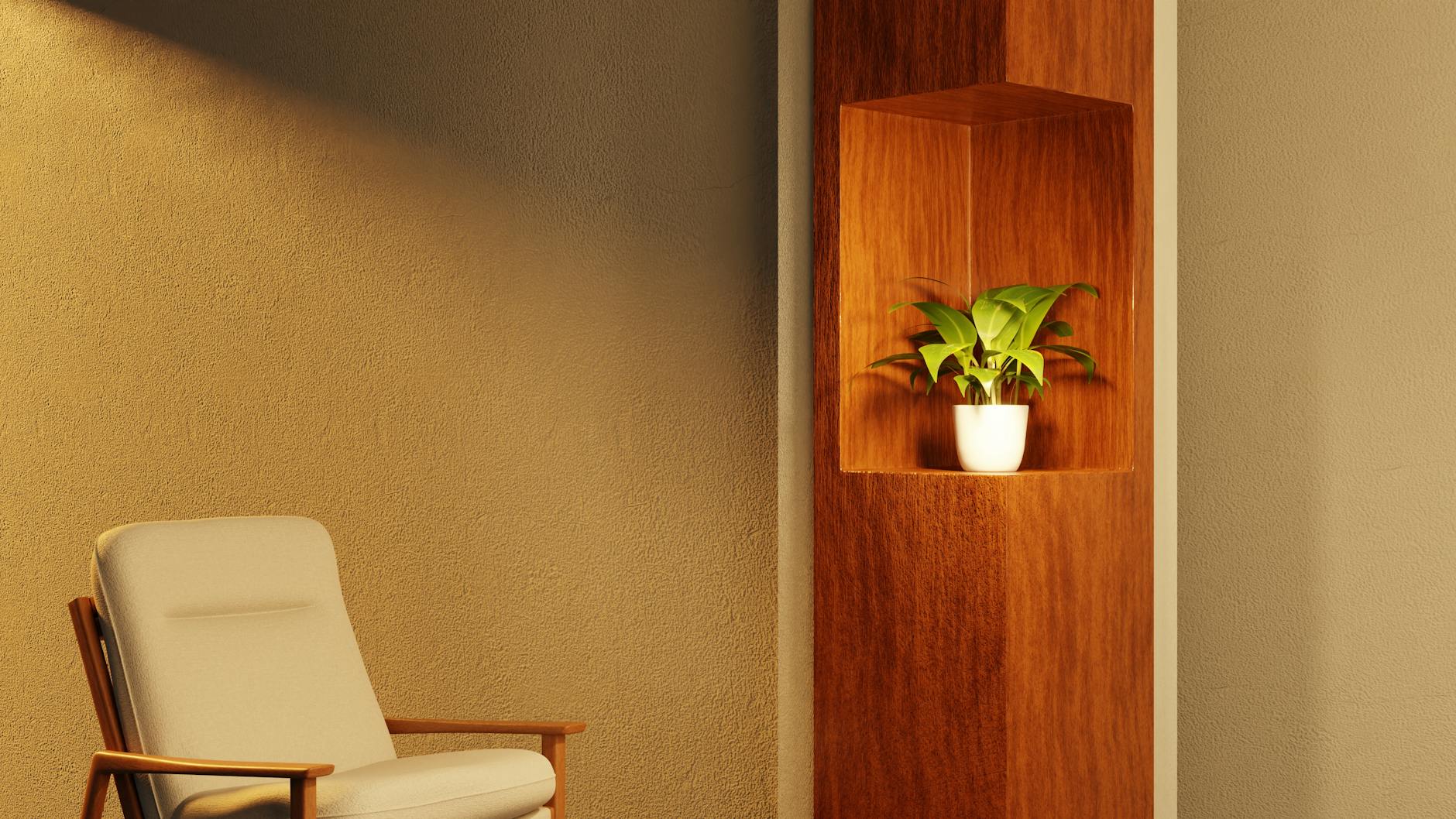 Modern interior design featuring a stylish armchair and a potted plant in a wooden niche.