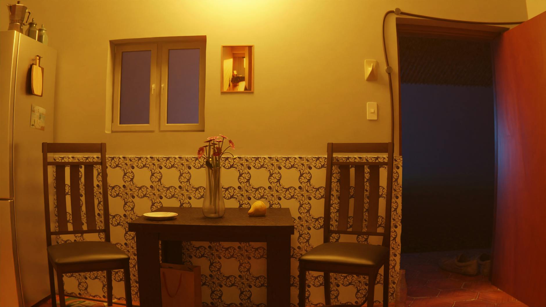 Warmly lit kitchen interior with chairs, table, and vase. Ideal for home decor theme.