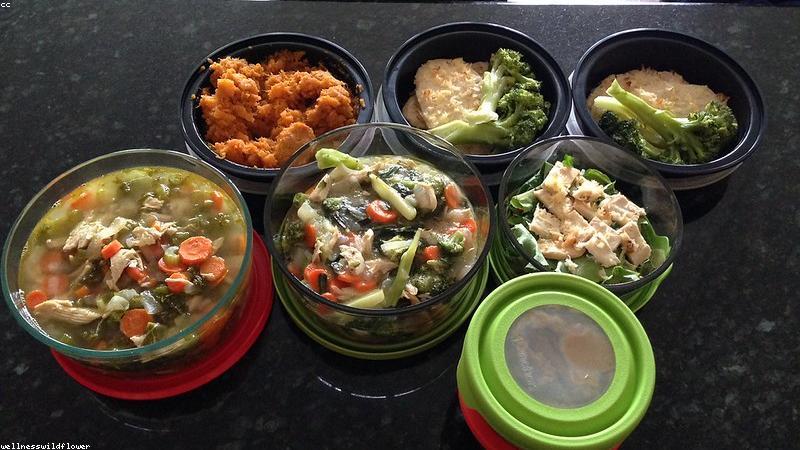 healthy meal prep containers with simple ingredients like chicken breast, eggs, and sweet potatoes