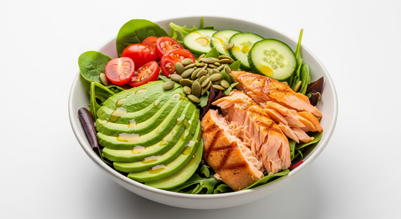 간헐적 단식 완벽 1. 간헐적 단식이란? 2026년 의학계가 주목하는 원리 2. 나에게 맞는 16:8 간헐적 단식 방법 찾기 fresh salad bowl with avocado and salmon