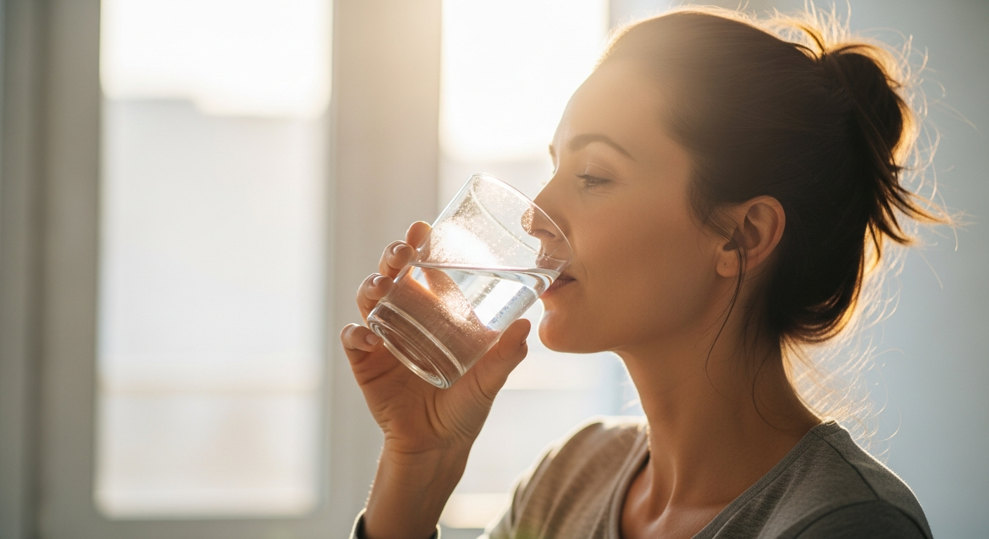 간헐적 단식 완벽 1. 간헐적 단식이란? 2026년 의학계가 주목하는 원리 2. 나에게 맞는 16:8 간헐적 단식 방법 찾기 woman drinking glass of water in morning sun